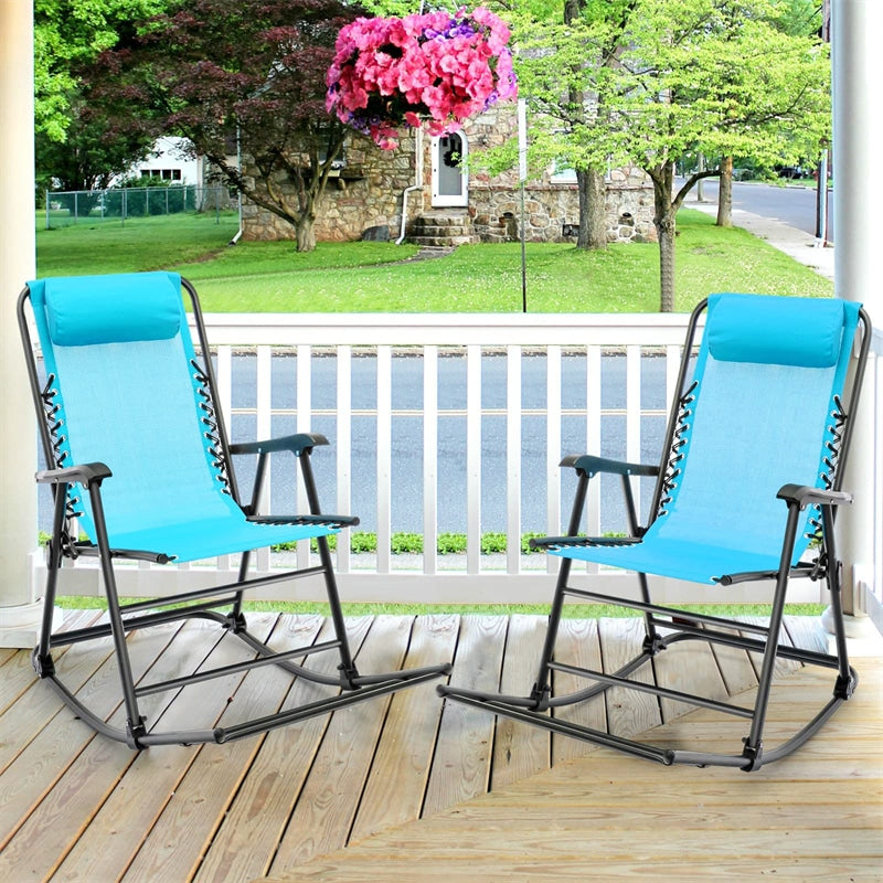 2 PCS Patio Camping Rocking Chairs Outdoor Folding Rockers with Pillow High Back Armrests Footrest