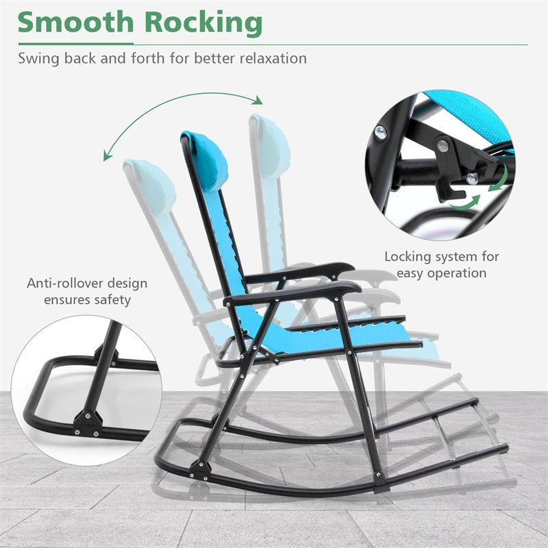 2 PCS Patio Camping Rocking Chairs Outdoor Folding Rockers with Pillow High Back Armrests Footrest