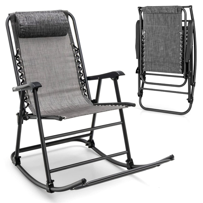 Patio Camping Rocking Chair Outdoor Folding Rocker with Pillow High Back Armrests Footrest