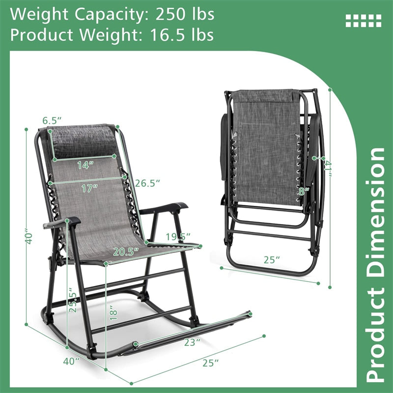 2 PCS Patio Camping Rocking Chairs Outdoor Folding Rockers with Pillow High Back Armrests Footrest