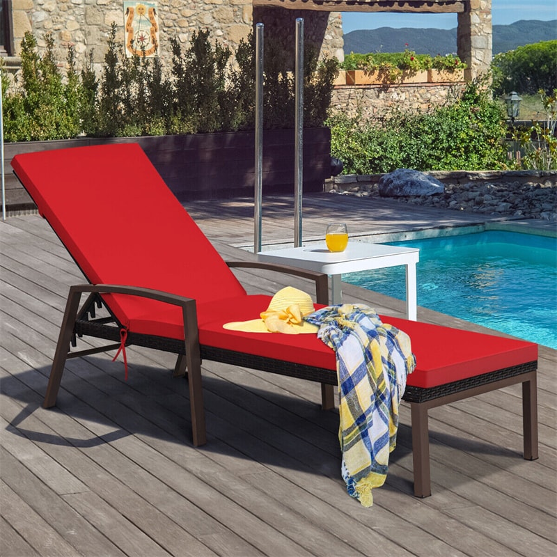 Patio Rattan Lounge Chair Outdoor Wicker Sun Lounger with Adjustable Backrest & Cushions