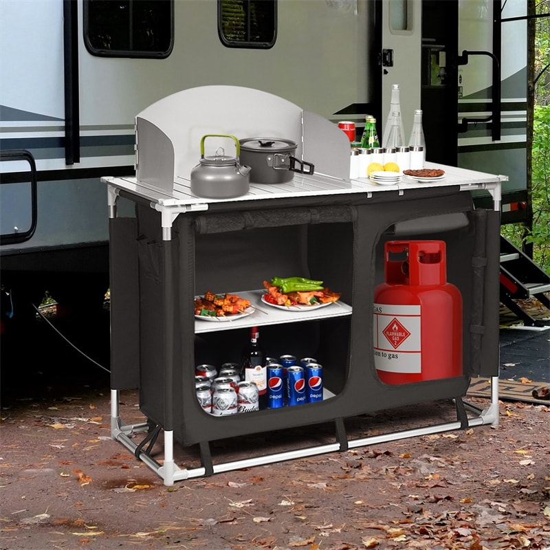 Portable Camping Kitchen Outdoor Cooking Table with Storage Organizer & Sink