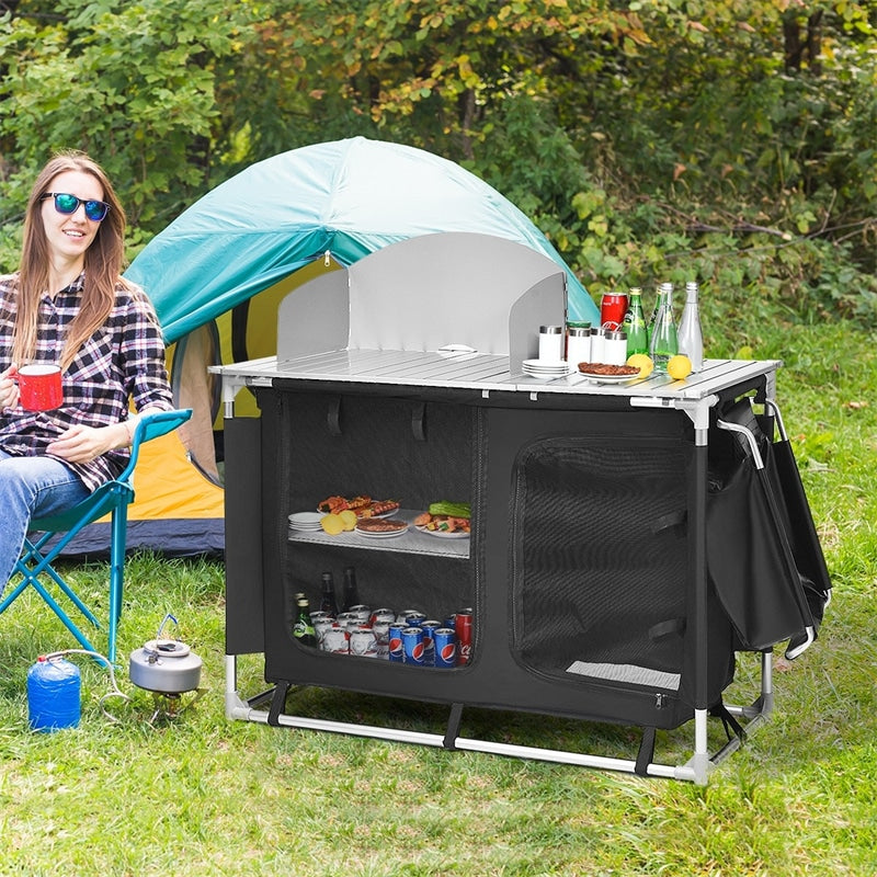 Portable Camping Kitchen Outdoor Cooking Table with Storage Organizer & Sink