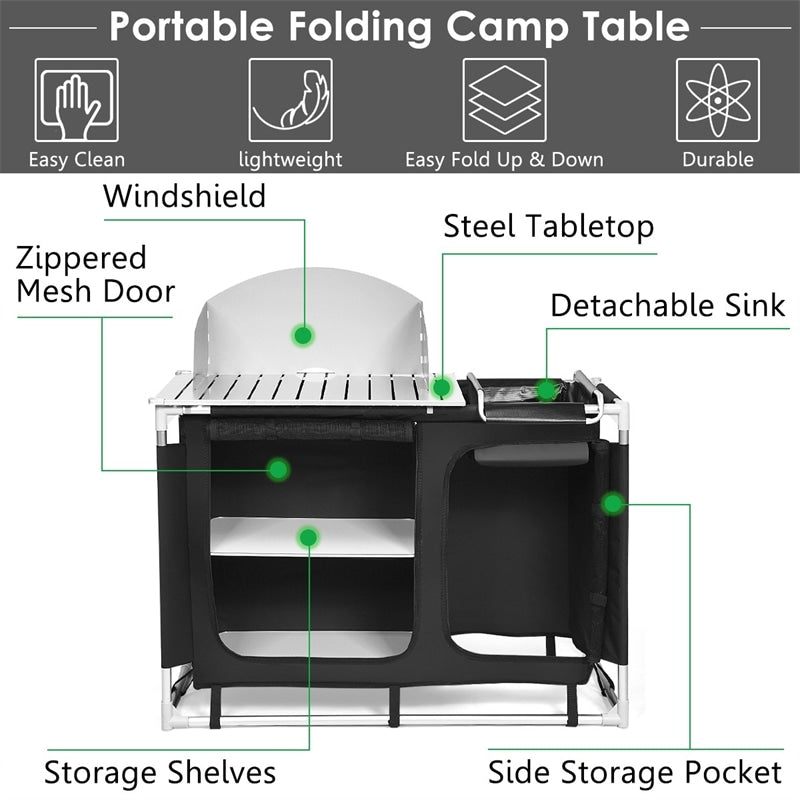 Portable Camping Kitchen Outdoor Cooking Table with Storage Organizer & Sink