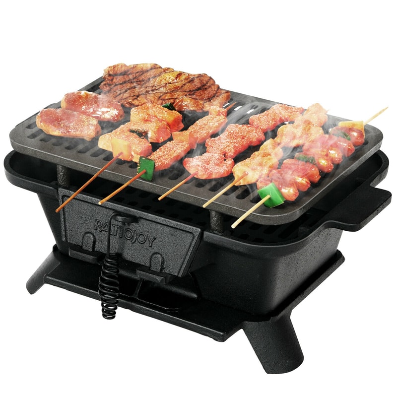 Portable Cast Iron Charcoal Grill Hibachi Grill Tabletop BBQ Grill with Double-sided Grilling Net for Outdoor Camping Picnic Cooking