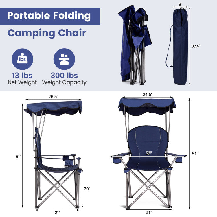 Portable Folding Beach Canopy Chair with Cup Holders and Canopy for Camping