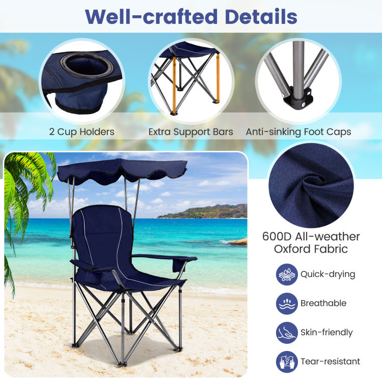 Portable Folding Beach Canopy Chair with Cup Holders and Canopy for Camping