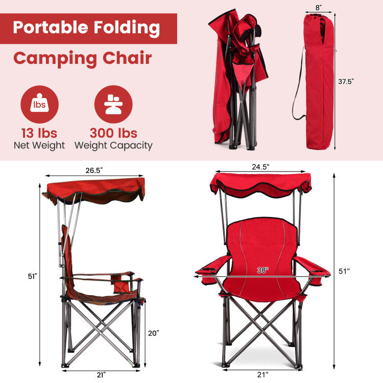 Portable Folding Beach Canopy Chair with Cup Holders and Canopy for Camping