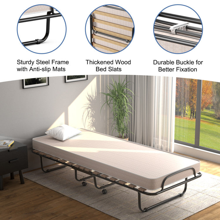 Portable Folding Bed with Wheels, Memory Foam Mattress and  Metal Frame Made in Italy