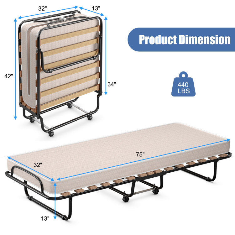 Portable Folding Bed with Wheels, Memory Foam Mattress and  Metal Frame Made in Italy