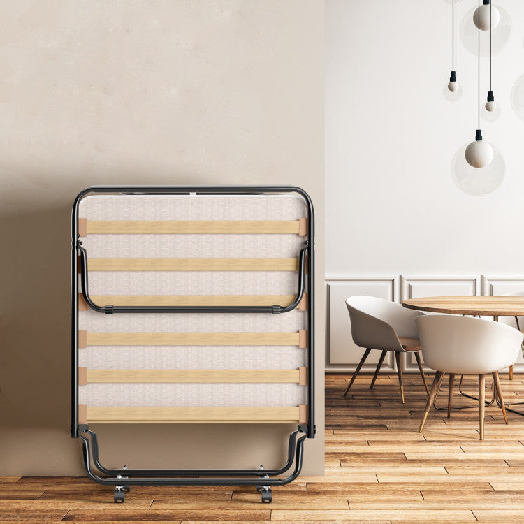 Portable Folding Bed with Wheels, Memory Foam Mattress and  Metal Frame Made in Italy