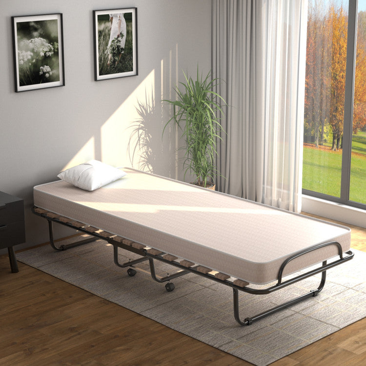 Portable Folding Bed with Wheels, Memory Foam Mattress and  Metal Frame Made in Italy