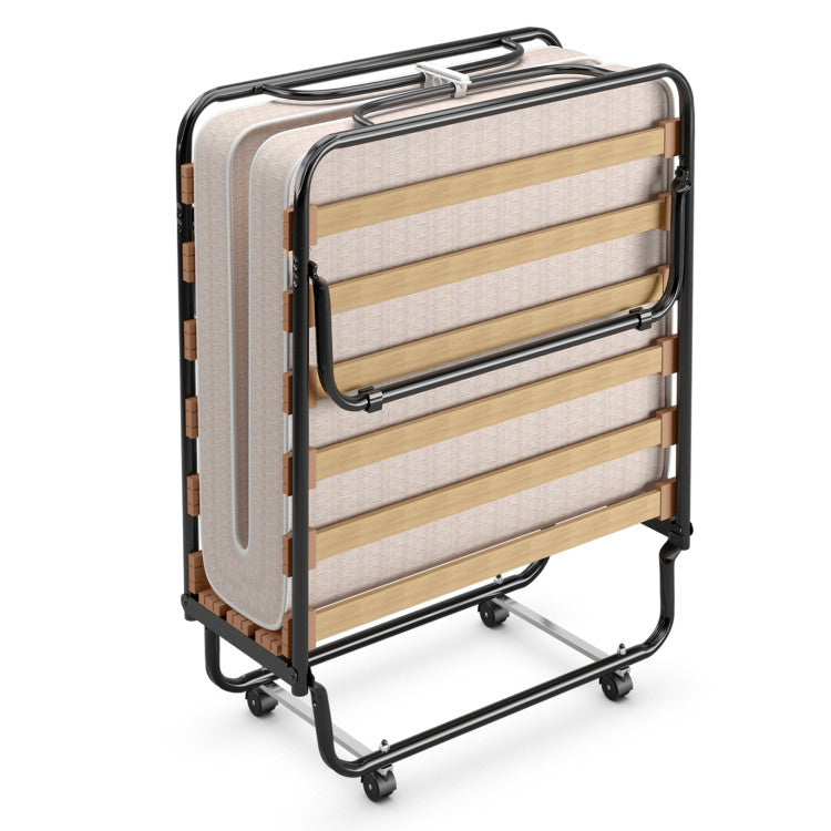 Portable Folding Bed with Wheels, Memory Foam Mattress and  Metal Frame Made in Italy