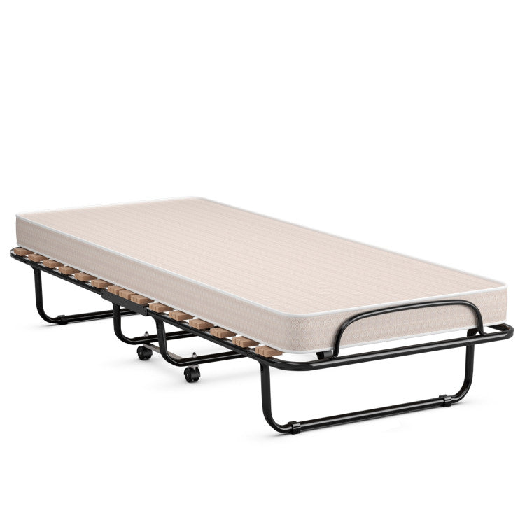 Portable Folding Bed with Wheels, Memory Foam Mattress and  Metal Frame Made in Italy