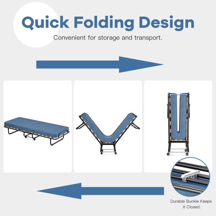 Portable Folding Bed with Wheels, Memory Foam Mattress and  Metal Frame Made in Italy