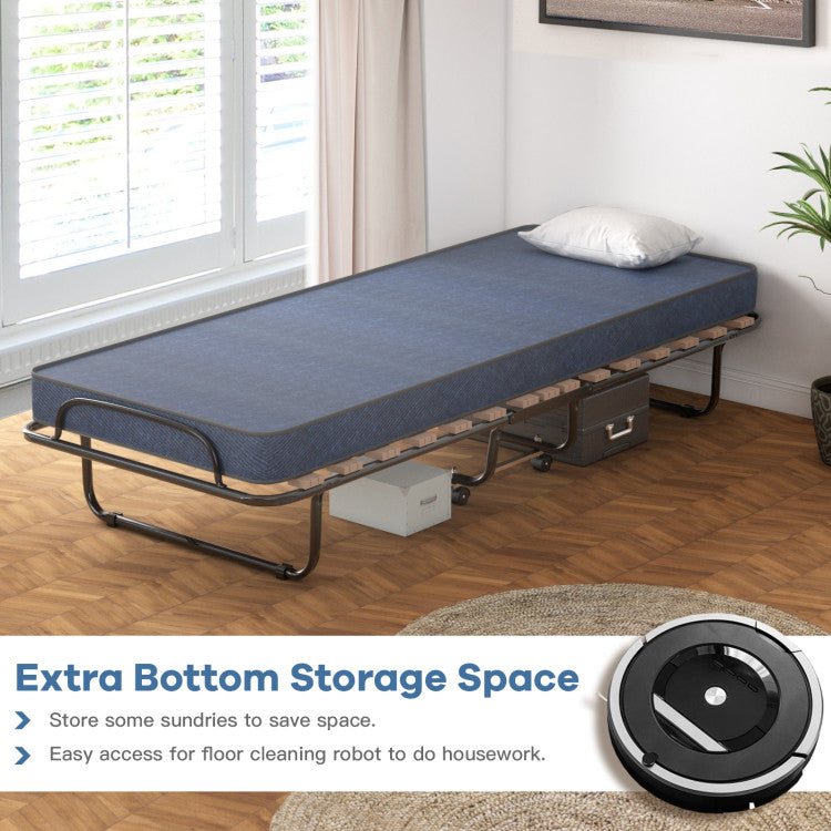 Portable Folding Bed with Wheels, Memory Foam Mattress and  Metal Frame Made in Italy