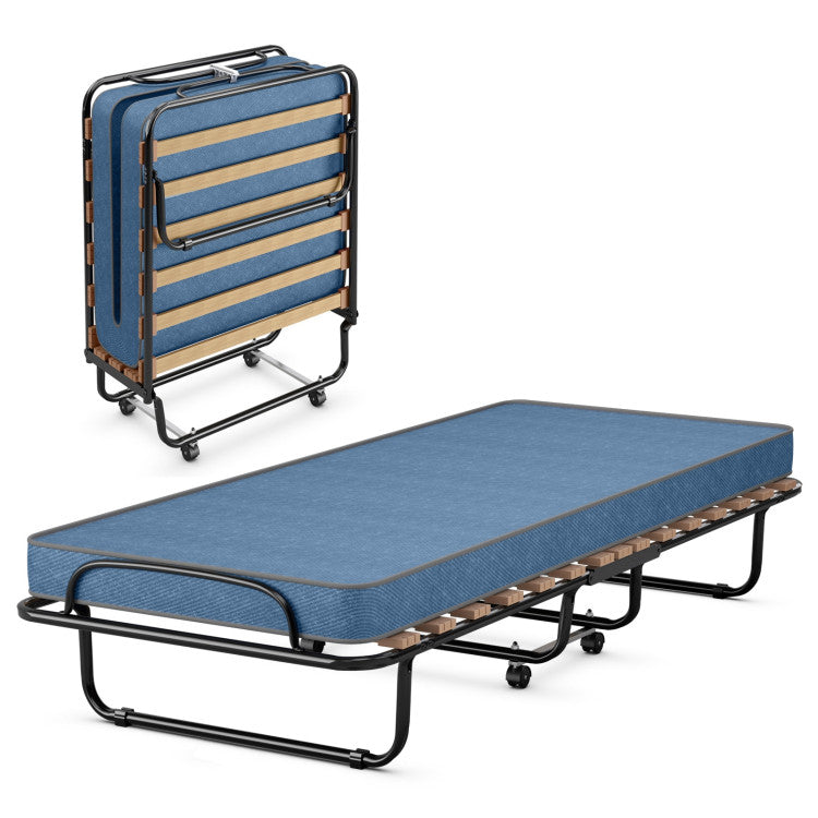 Portable Folding Bed with Wheels, Memory Foam Mattress and  Metal Frame Made in Italy