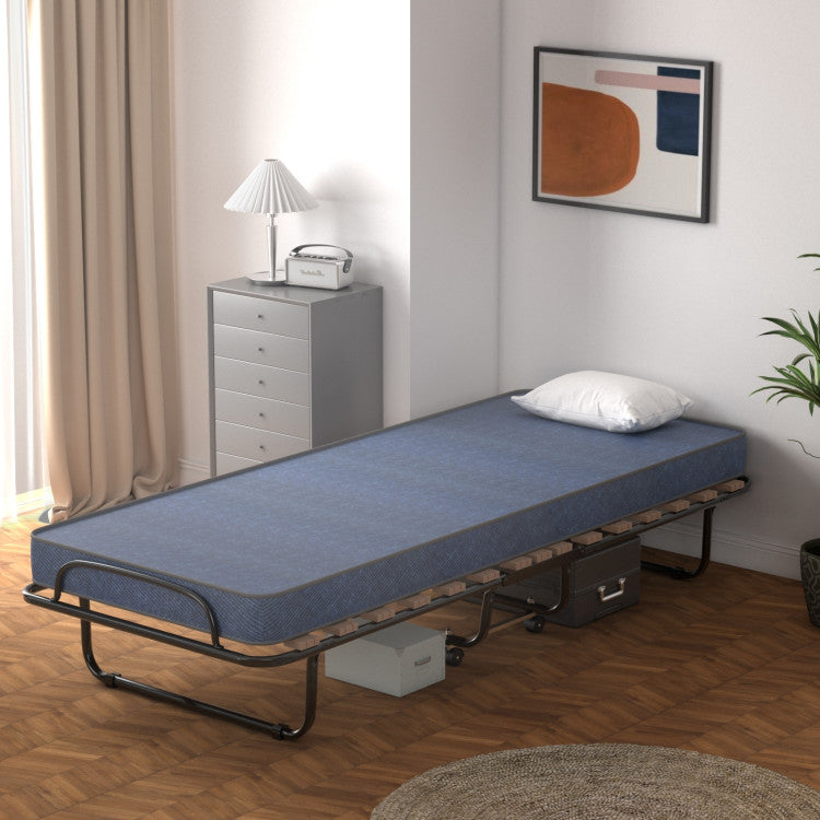 Portable Folding Bed with Wheels, Memory Foam Mattress and  Metal Frame Made in Italy