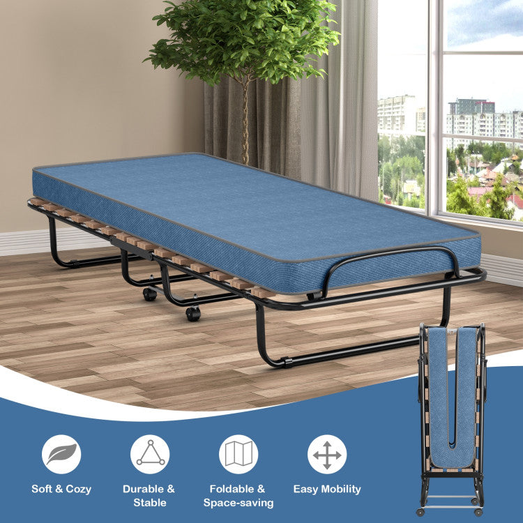 Portable Folding Bed with Wheels, Memory Foam Mattress and  Metal Frame Made in Italy