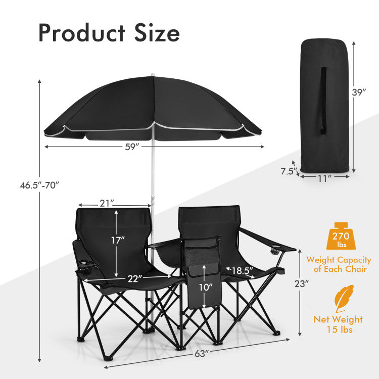 Portable Folding Picnic Double Chair with Umbrella for Outdoor Patio and Camping