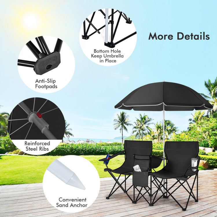 Portable Folding Picnic Double Chair with Umbrella for Outdoor Patio and Camping