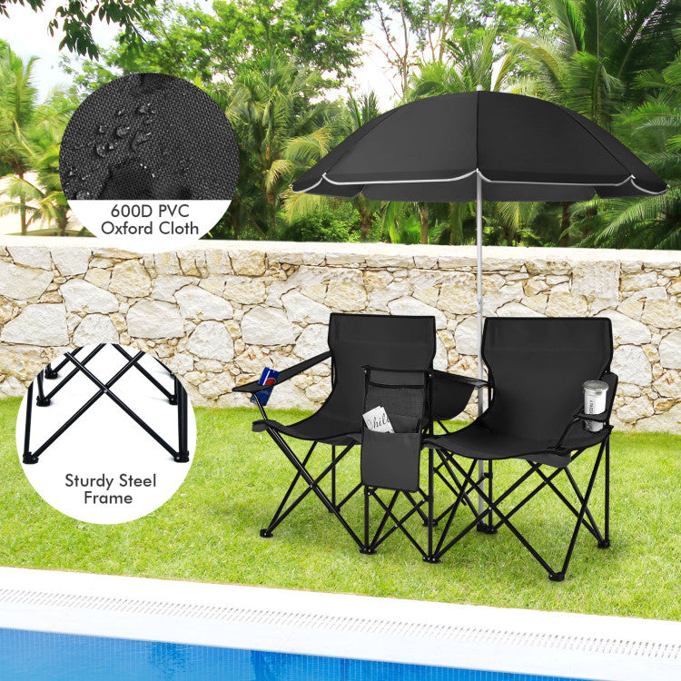 Portable Folding Picnic Double Chair with Umbrella for Outdoor Patio and Camping