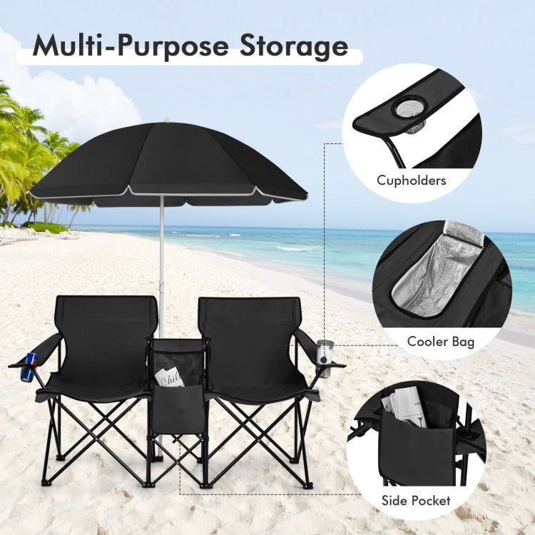 Portable Folding Picnic Double Chair with Umbrella for Outdoor Patio and Camping