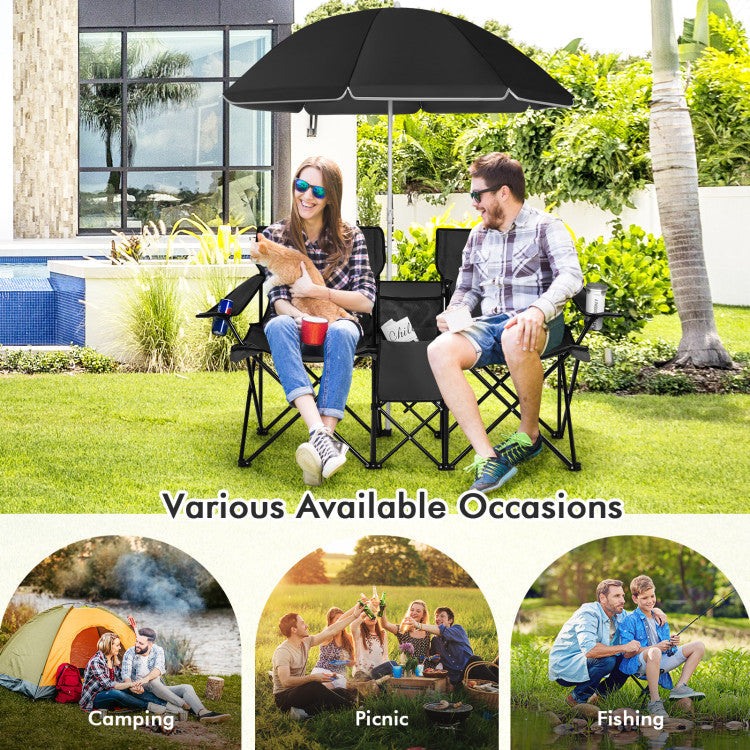 Portable Folding Picnic Double Chair with Umbrella for Outdoor Patio and Camping