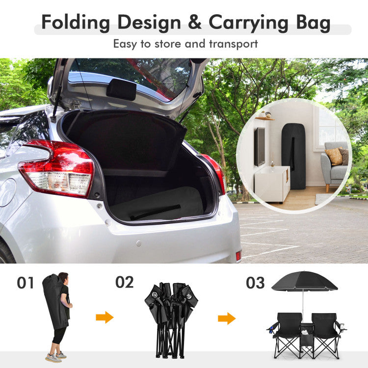 Portable Folding Picnic Double Chair with Umbrella for Outdoor Patio and Camping