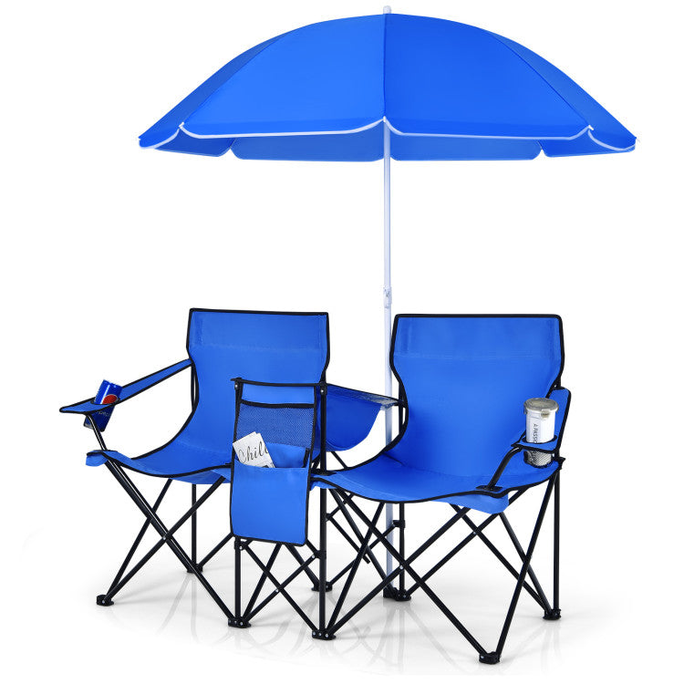 Portable Folding Picnic Double Chair with Umbrella for Outdoor Patio and Camping