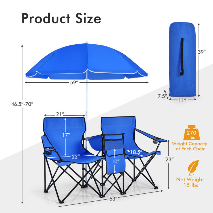 Portable Folding Picnic Double Chair with Umbrella for Outdoor Patio and Camping