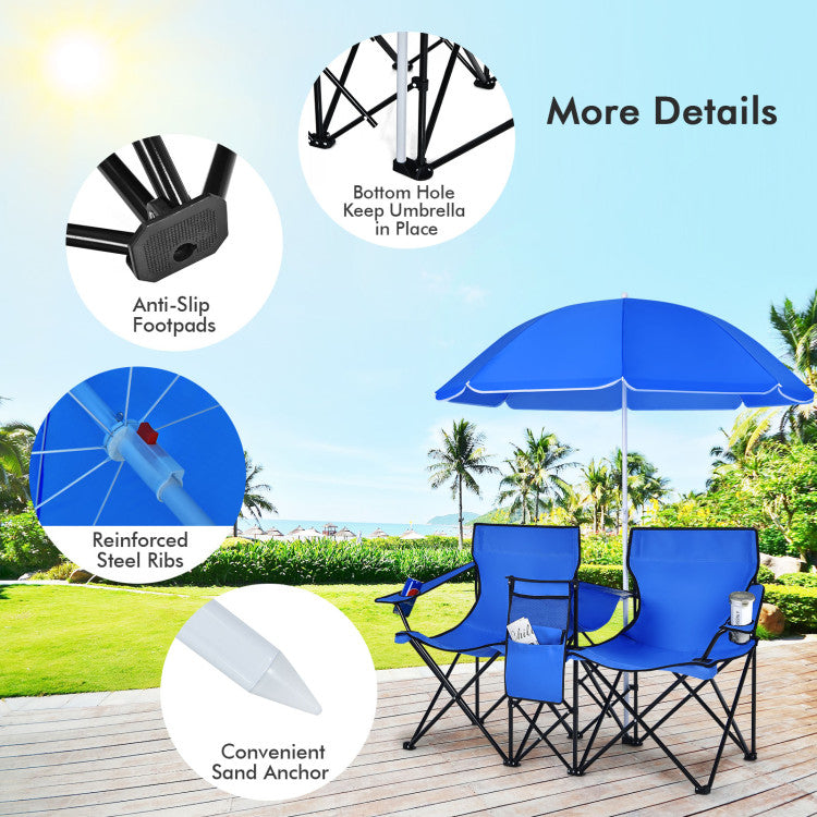 Portable Folding Picnic Double Chair with Umbrella for Outdoor Patio and Camping