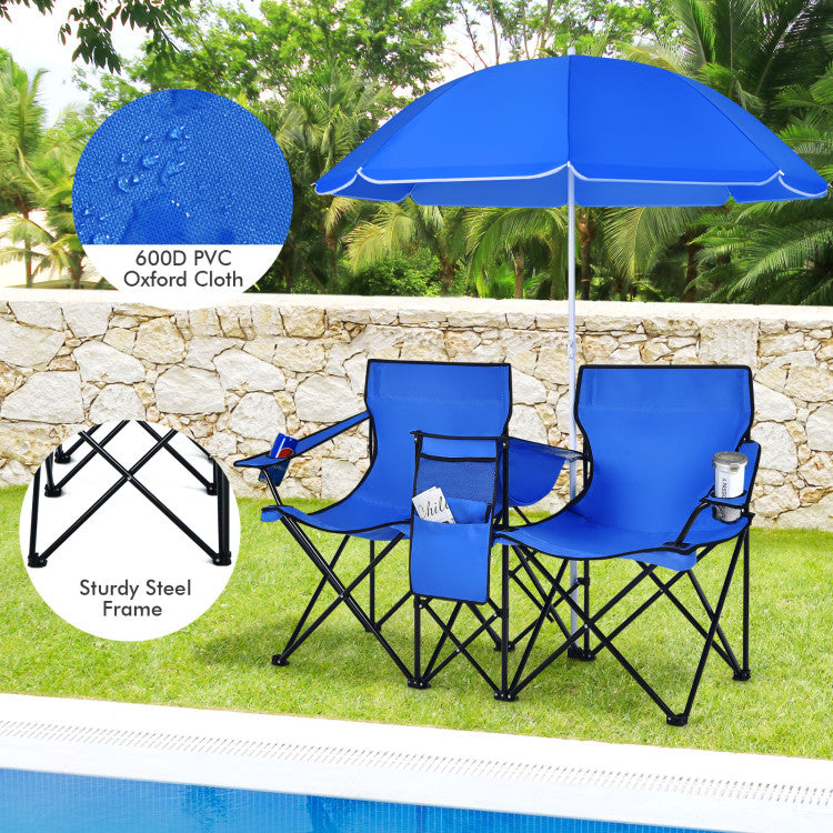 Portable Folding Picnic Double Chair with Umbrella for Outdoor Patio and Camping