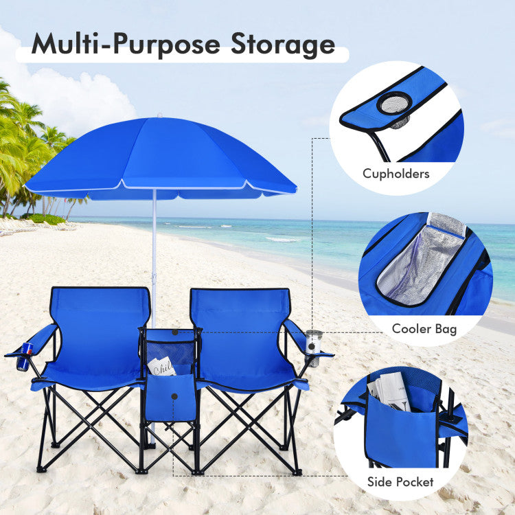 Portable Folding Picnic Double Chair with Umbrella for Outdoor Patio and Camping