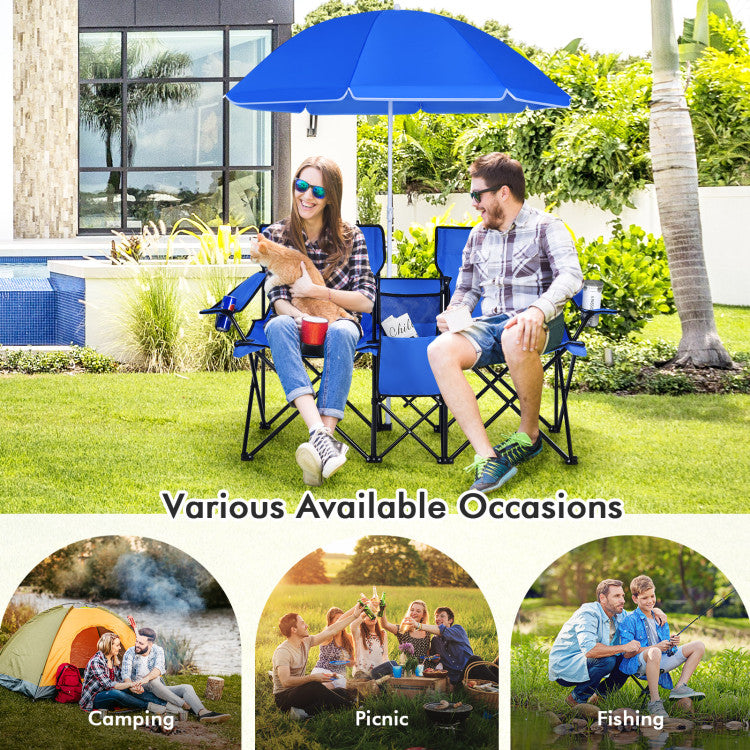 Portable Folding Picnic Double Chair with Umbrella for Outdoor Patio and Camping