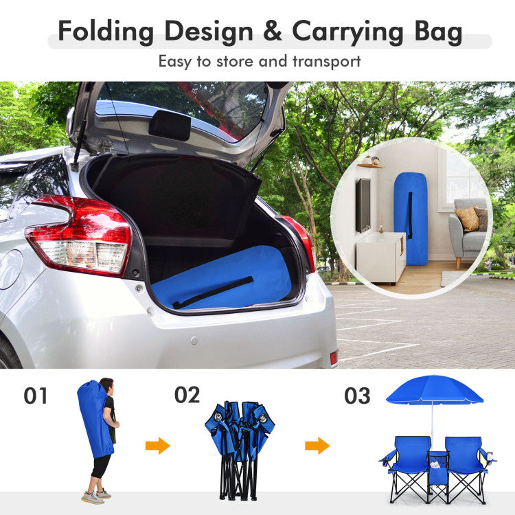 Portable Folding Picnic Double Chair with Umbrella for Outdoor Patio and Camping