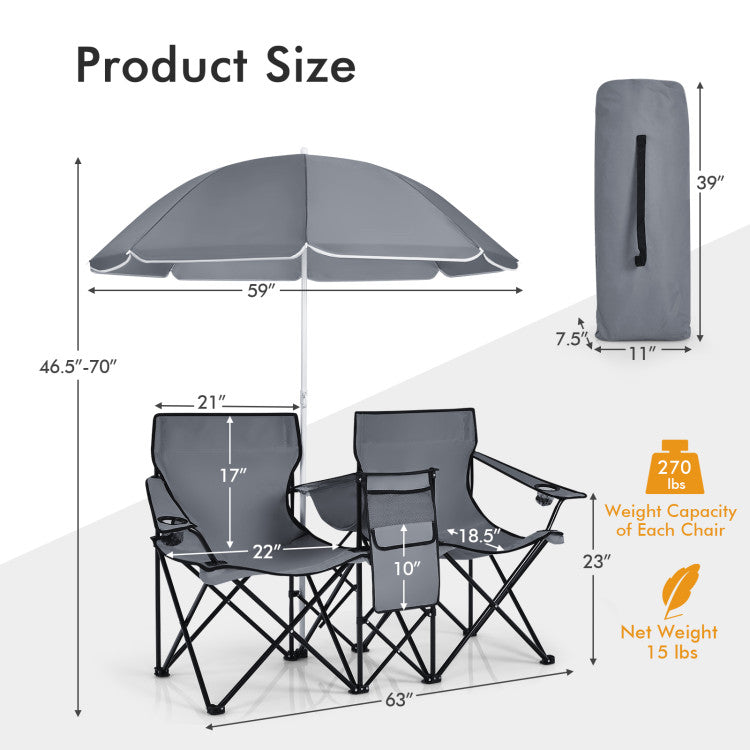 Portable Folding Picnic Double Chair with Umbrella for Outdoor Patio and Camping