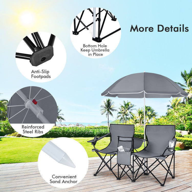 Portable Folding Picnic Double Chair with Umbrella for Outdoor Patio and Camping