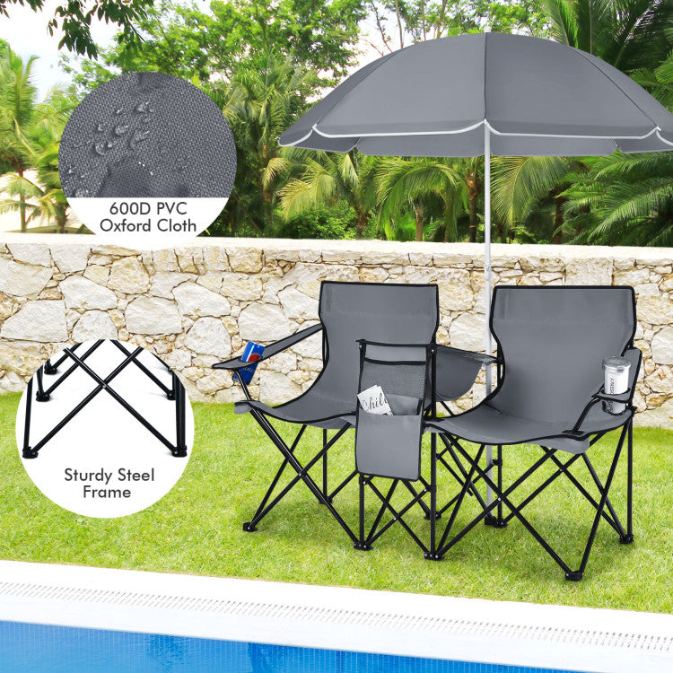 Portable Folding Picnic Double Chair with Umbrella for Outdoor Patio and Camping