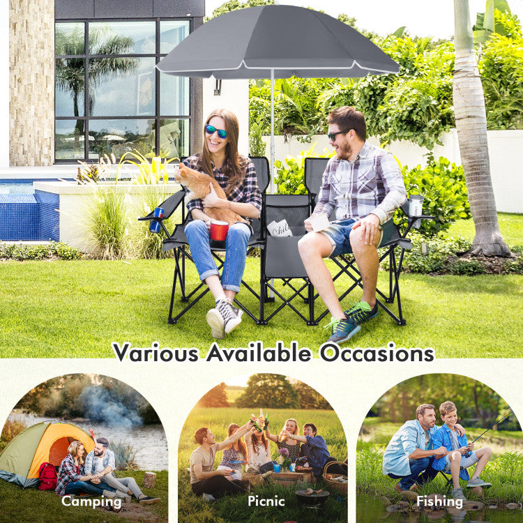 Portable Folding Picnic Double Chair with Umbrella for Outdoor Patio and Camping