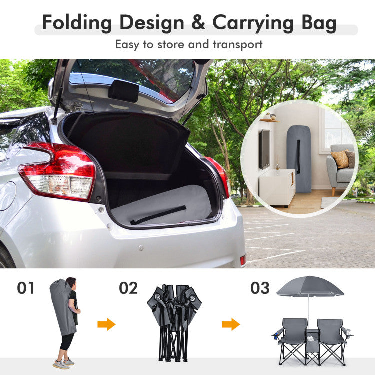 Portable Folding Picnic Double Chair with Umbrella for Outdoor Patio and Camping