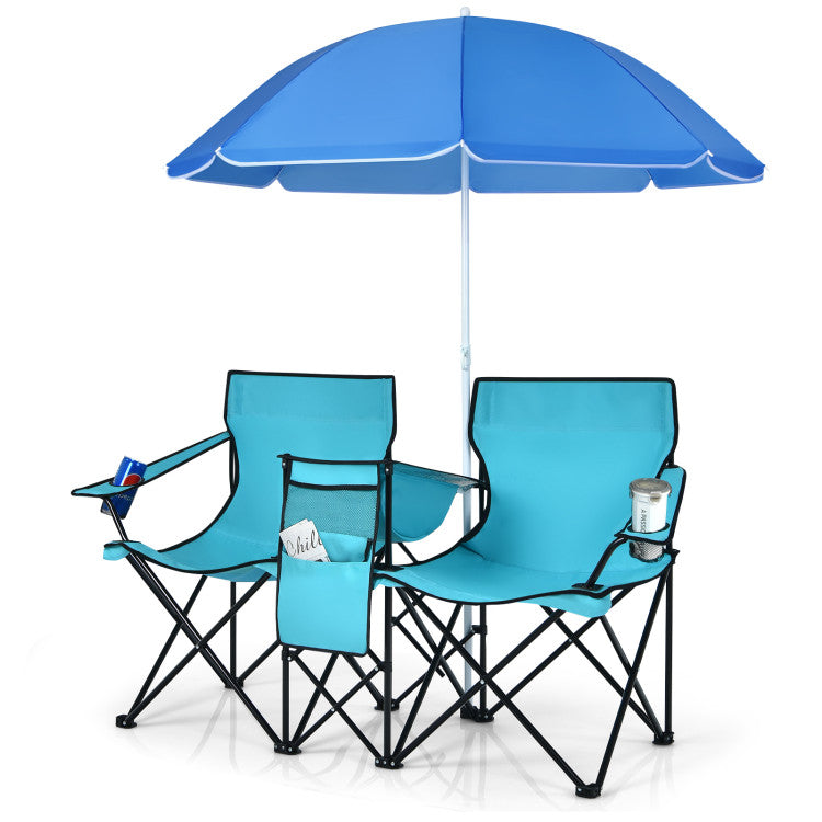 Portable Folding Picnic Double Chair with Umbrella for Outdoor Patio and Camping