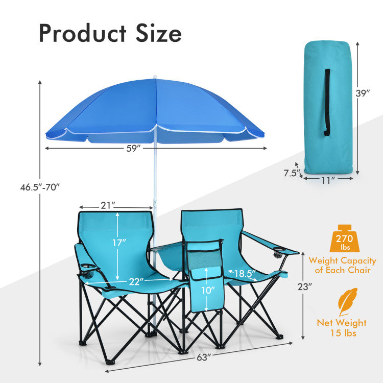 Portable Folding Picnic Double Chair with Umbrella for Outdoor Patio and Camping