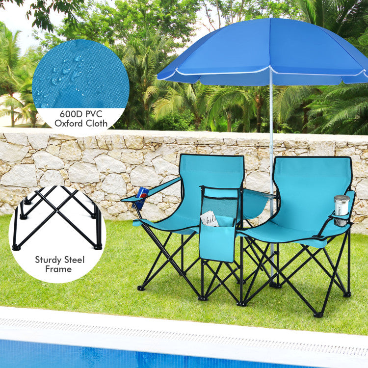 Portable Folding Picnic Double Chair with Umbrella for Outdoor Patio and Camping