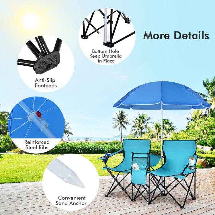 Portable Folding Picnic Double Chair with Umbrella for Outdoor Patio and Camping