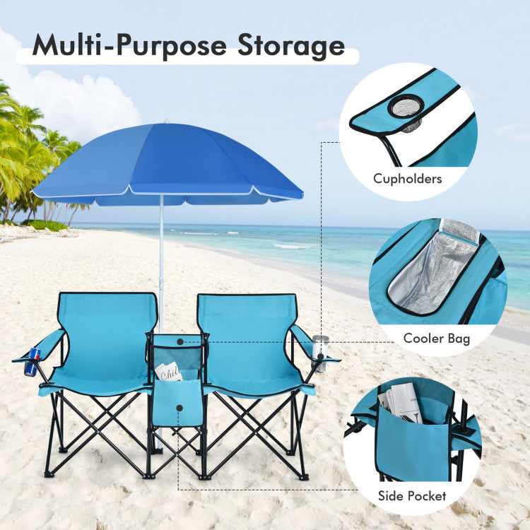 Portable Folding Picnic Double Chair with Umbrella for Outdoor Patio and Camping