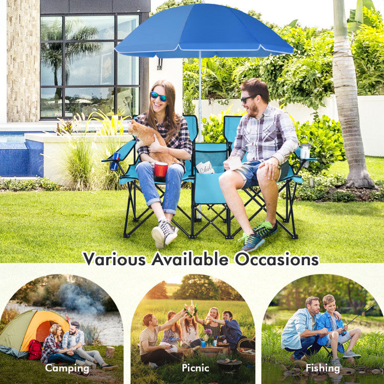 Portable Folding Picnic Double Chair with Umbrella for Outdoor Patio and Camping