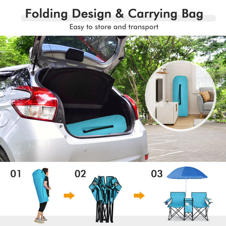 Portable Folding Picnic Double Chair with Umbrella for Outdoor Patio and Camping