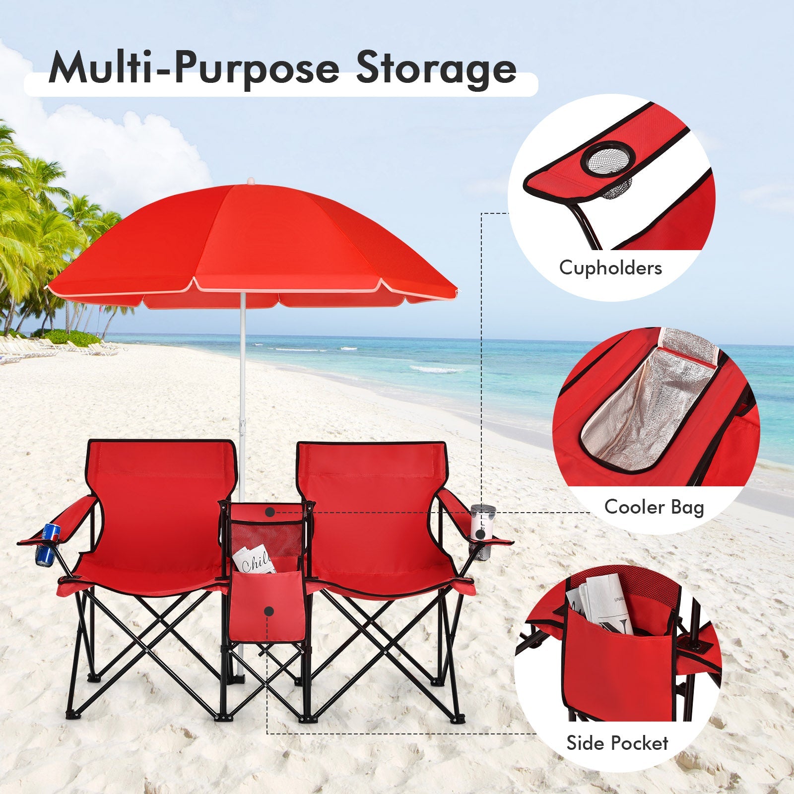 Portable Folding Picnic Double Chair with Umbrella for Outdoor Patio and Camping