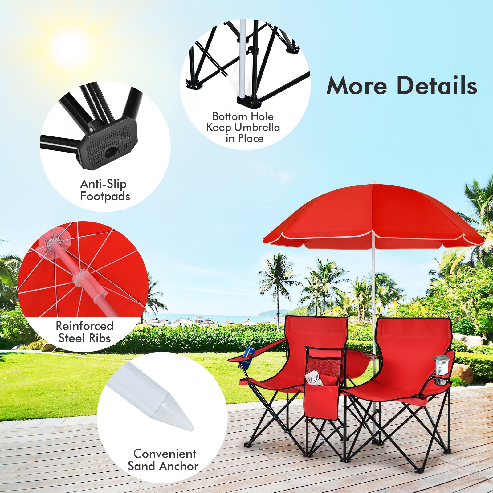 Portable Folding Picnic Double Chair with Umbrella for Outdoor Patio and Camping